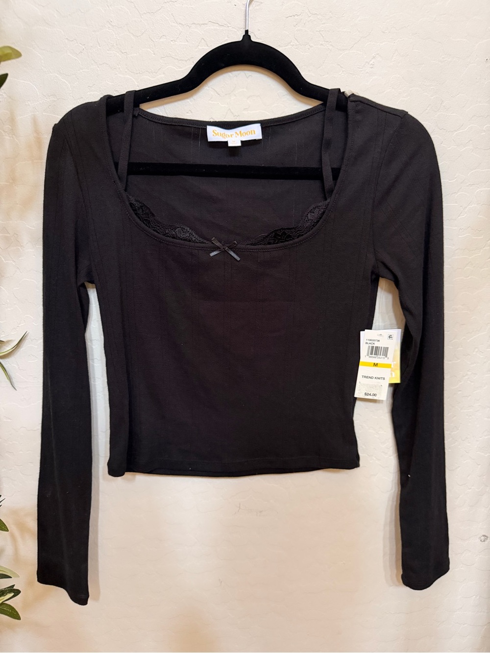 Black Long-Sleeve Scoop Neck Top with Lace Trim